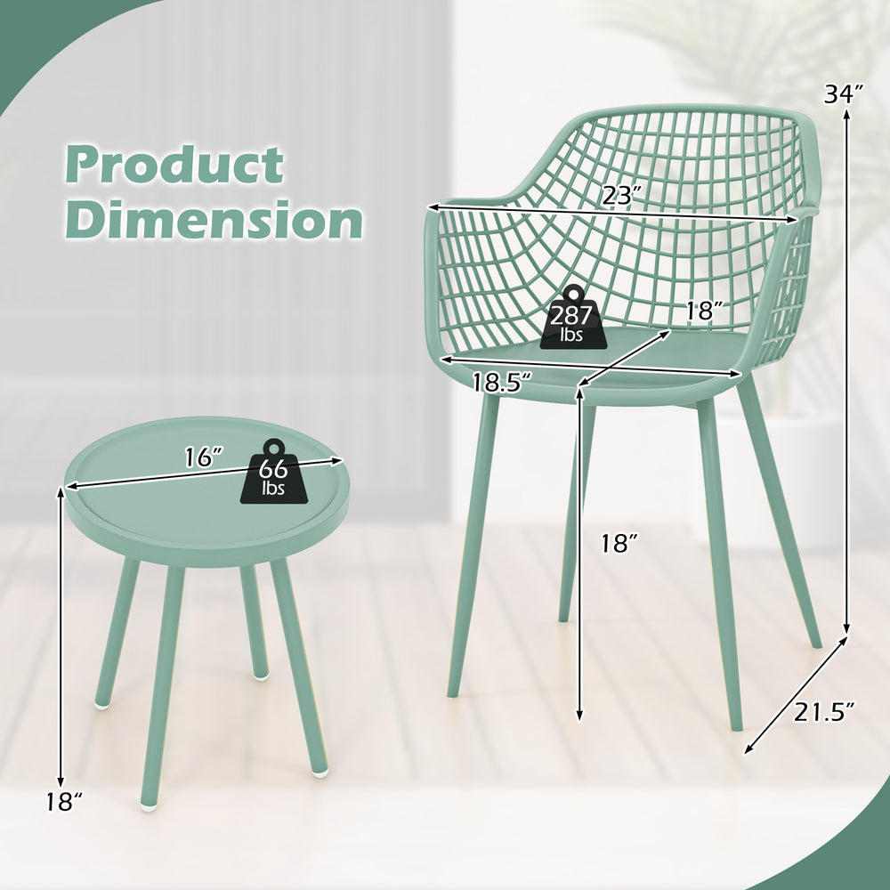 Patio chair set with green PP seat and tabletop, featuring ergonomic design and adjustable footpads for stability.