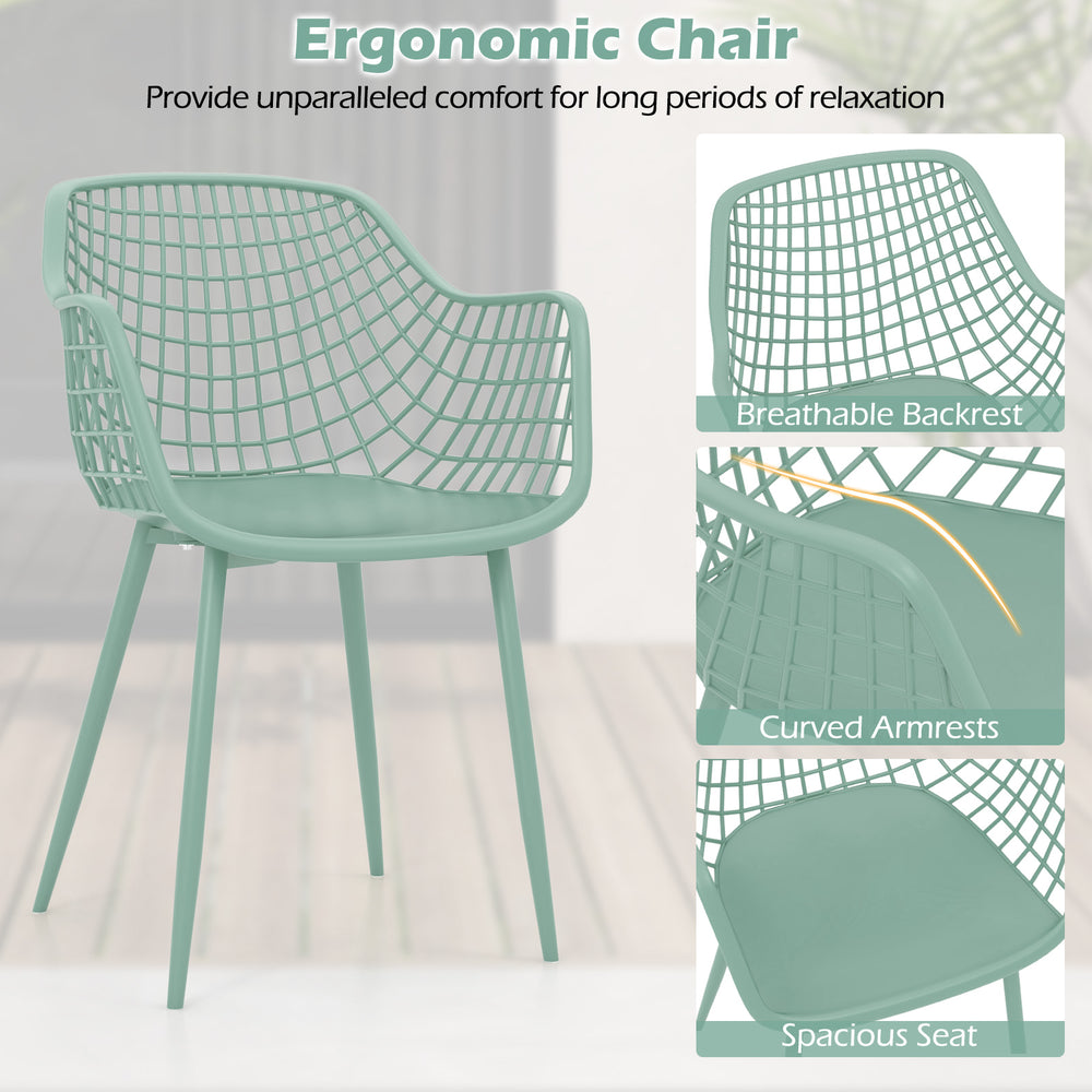 Ergonomic green patio chair with breathable backrest and curved armrests, perfect for backyard or poolside relaxation.