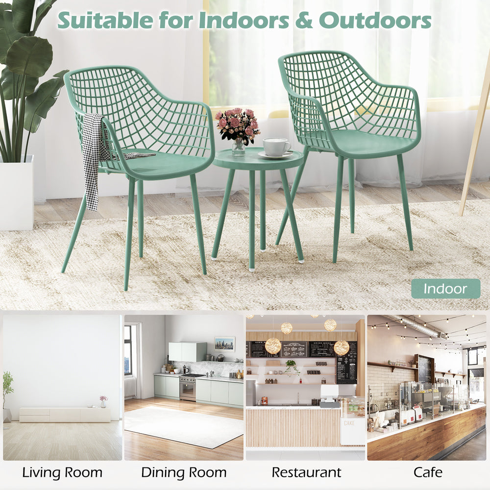 Green 3 piece patio chair set with PP seats and table, perfect for indoor and outdoor use in various settings.