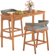 Patio counter height bar set featuring solid acacia wood, two cushioned barstools, perfect for outdoor gatherings.