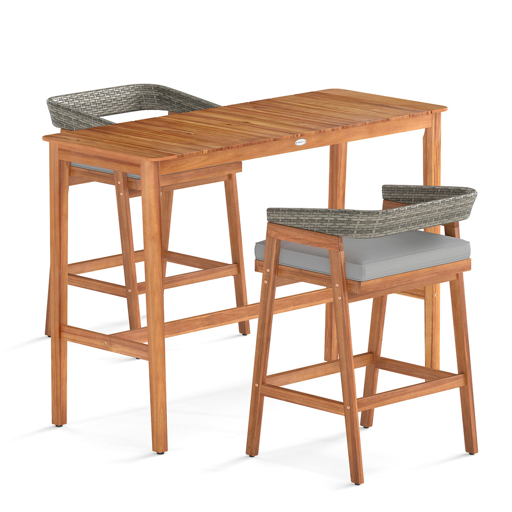 Patio counter height bar set featuring solid acacia wood and two cushioned barstools, perfect for outdoor gatherings.