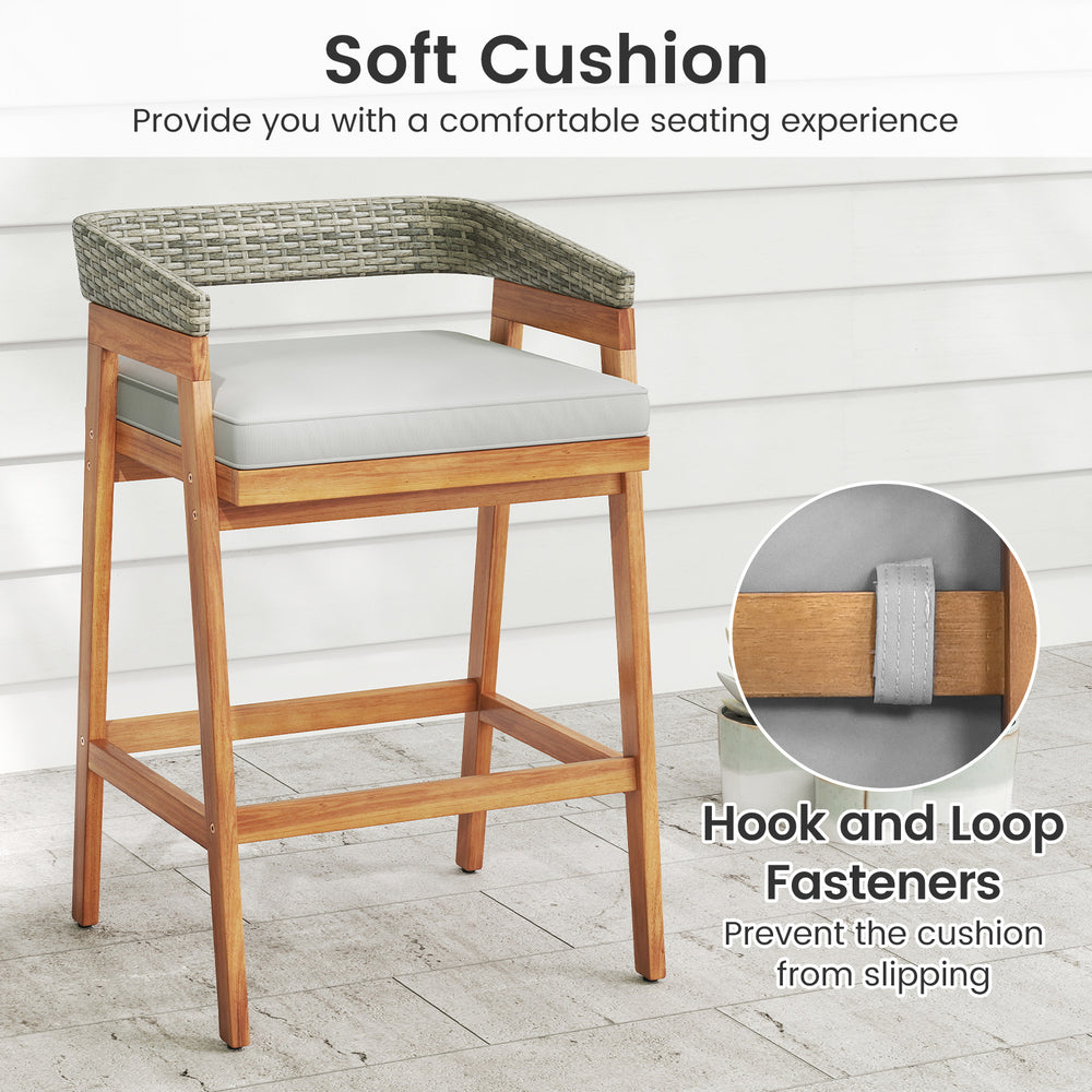 Cushioned barstool from a 3-piece patio set, featuring soft cushion and hook and loop fasteners for secure seating.