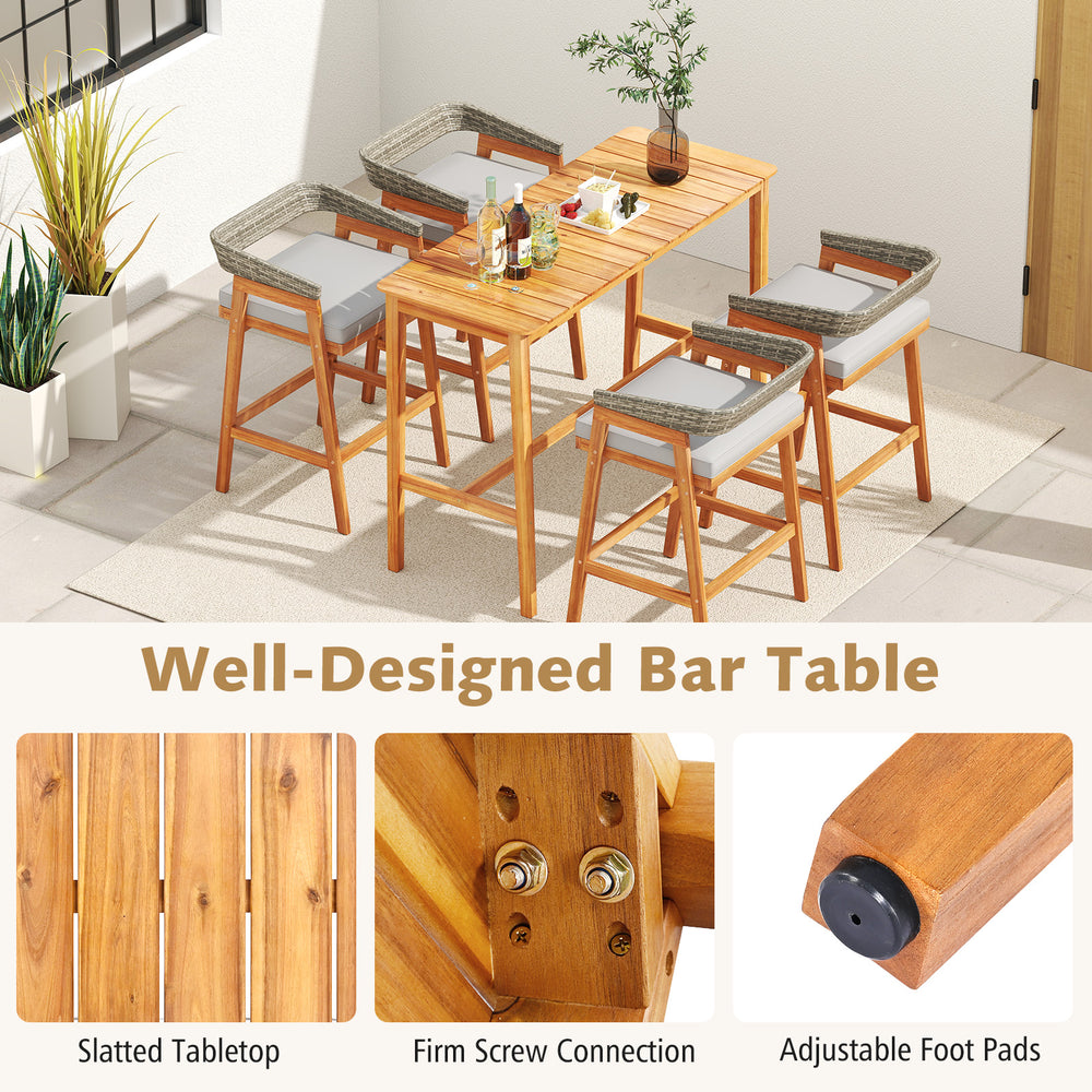 Patio counter height bar set featuring solid acacia wood, two cushioned barstools, ideal for outdoor gatherings.