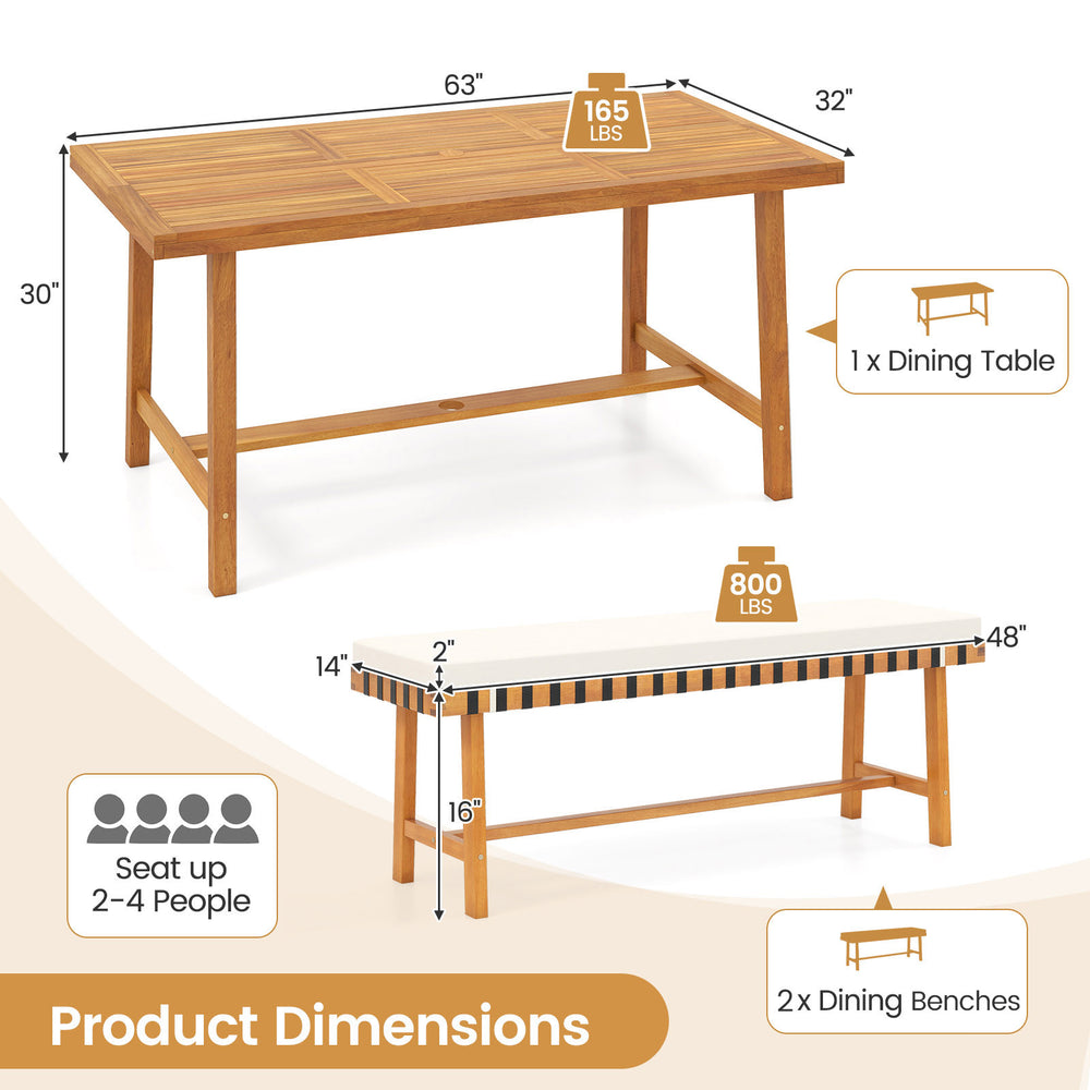 Rectangular dining table with two benches, crafted from solid acacia wood, ideal for outdoor gatherings.