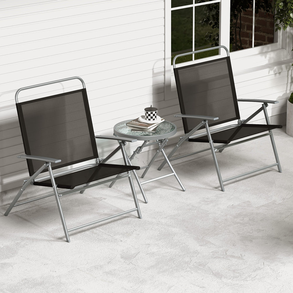 Two black folding patio chairs with a tempered glass coffee table, perfect for outdoor relaxation by the poolside.