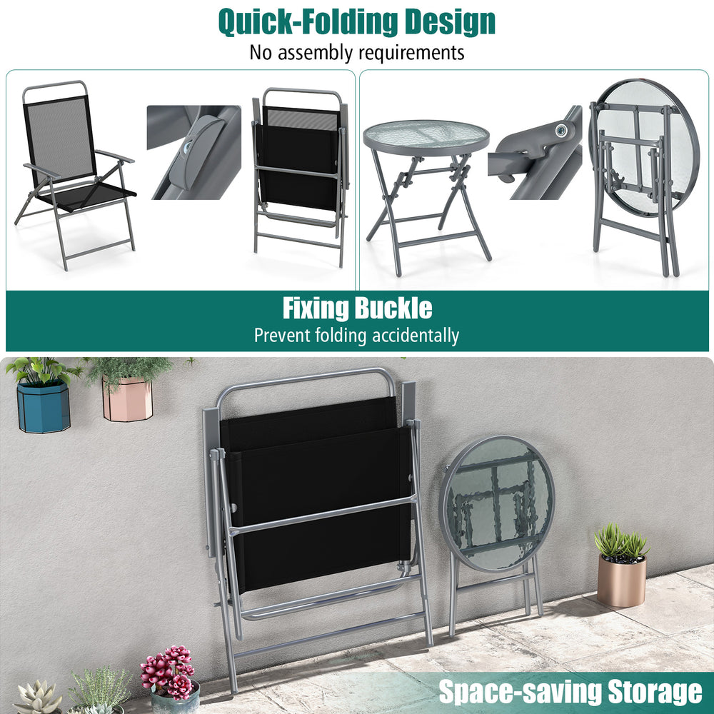 Patio folding chair set with a tempered glass table, featuring a space-saving design and comfortable armrests for.