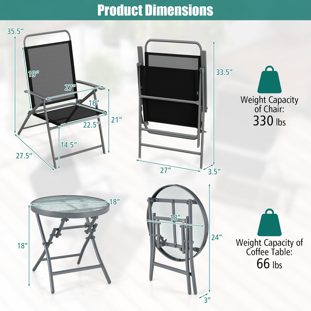 Patio folding chair set with a tempered glass coffee table, featuring a durable metal frame for outdoor use.