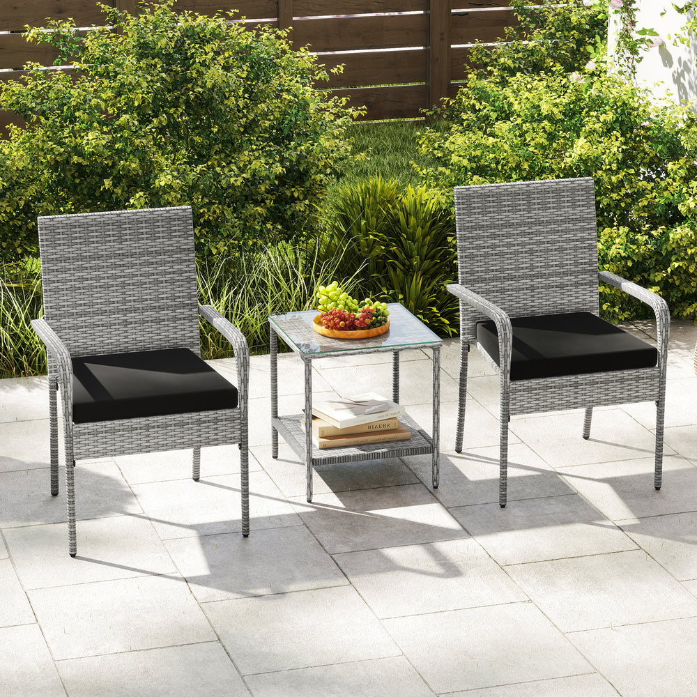 3 Piece Patio Furniture Set with Seat Cushions and Tempered Glass Tabletop for Balcony-Black - Gallery View 1 of 12