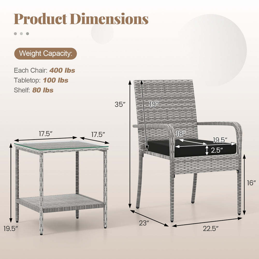 3-piece patio furniture set featuring a black PE rattan chair and side table with tempered glass for balcony use.