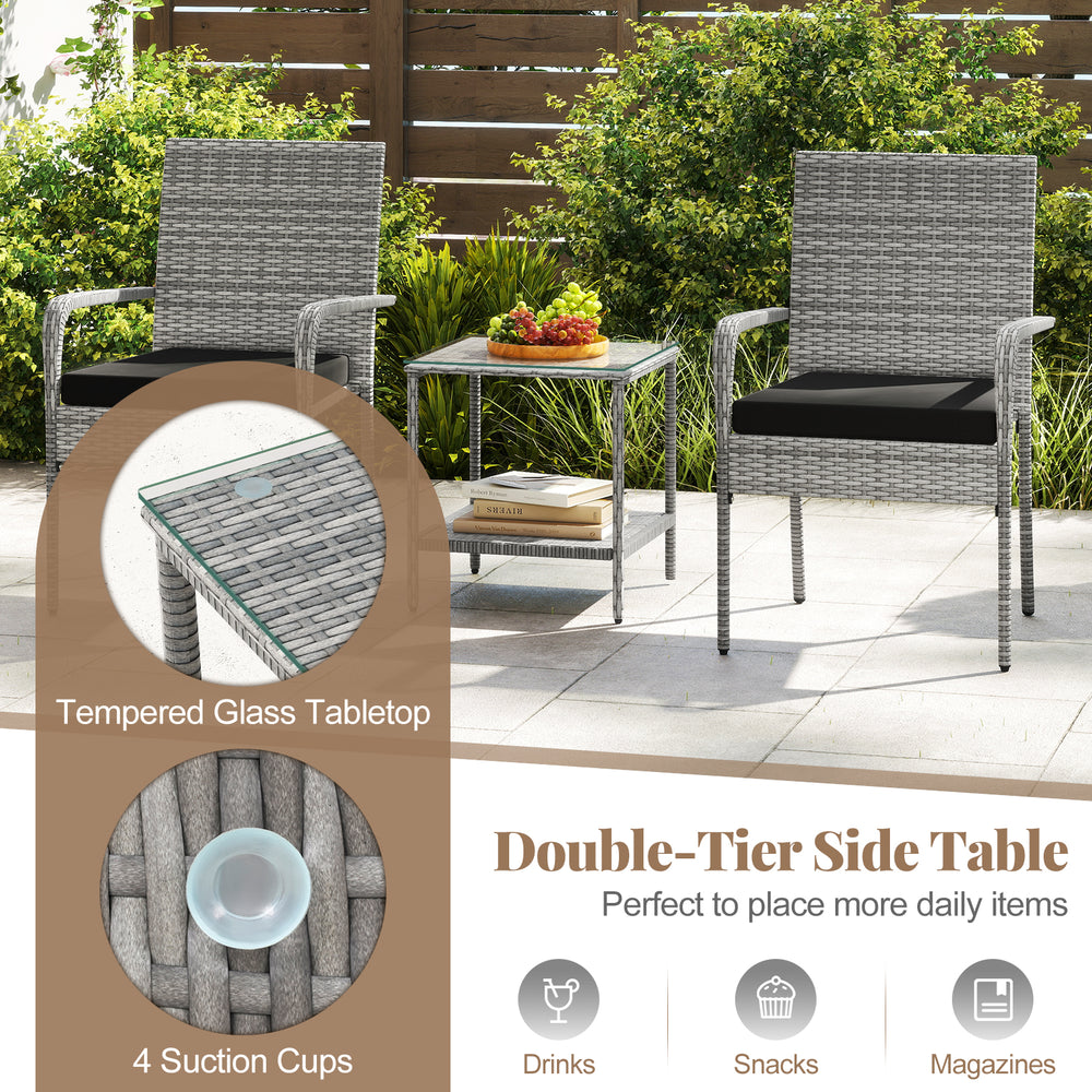 3-piece patio furniture set featuring a tempered glass tabletop and soft seat cushions, perfect for balcony relaxation.