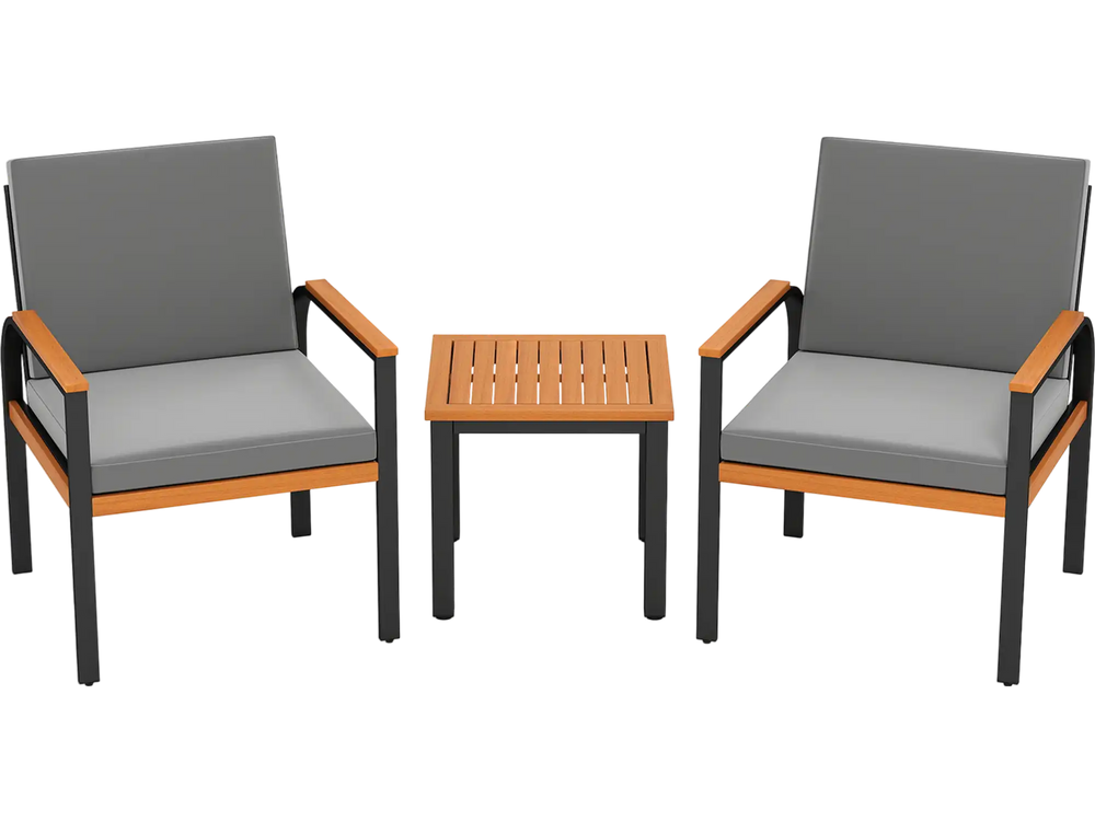 Two grey outdoor chairs with acacia wood armrests and a slatted coffee table, perfect for patio conversation.