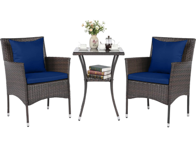 Costway 3-Piece Rattan Patio Bistro Furniture Set w/ Tempered Glass Side Table 12730346 New