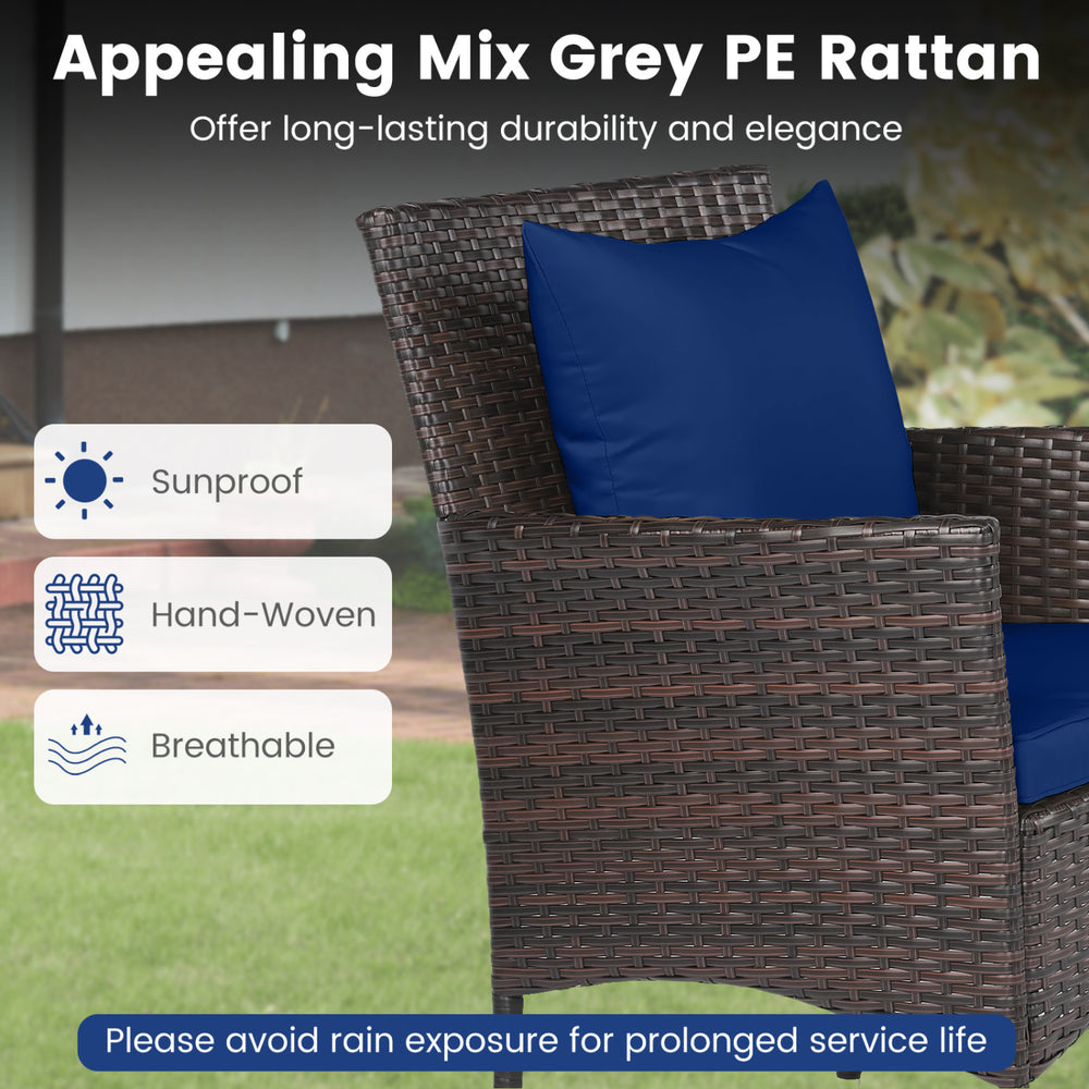 Mix grey PE rattan chair with navy cushion, featuring sunproof material and sturdy metal frame for outdoor use.