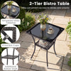 2-tier bistro table with tempered glass top and rattan shelf, perfect for outdoor patio use and snack access.