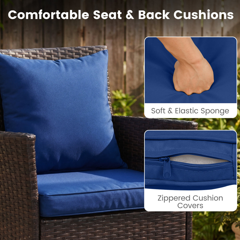 Navy blue seat and back cushions with zippered covers for the 3-piece patio furniture set, offering comfort and.