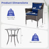 Dimensions of the 3-piece patio furniture set with rattan chairs and tempered glass table, suitable for outdoor use.