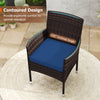 Navy blue cushion patio chair with contoured design and 105° inclined angle for ergonomic comfort and relaxation.