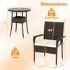 Dimensions of the 3-piece patio furniture set with PE rattan wicker chairs and tempered glass top table.