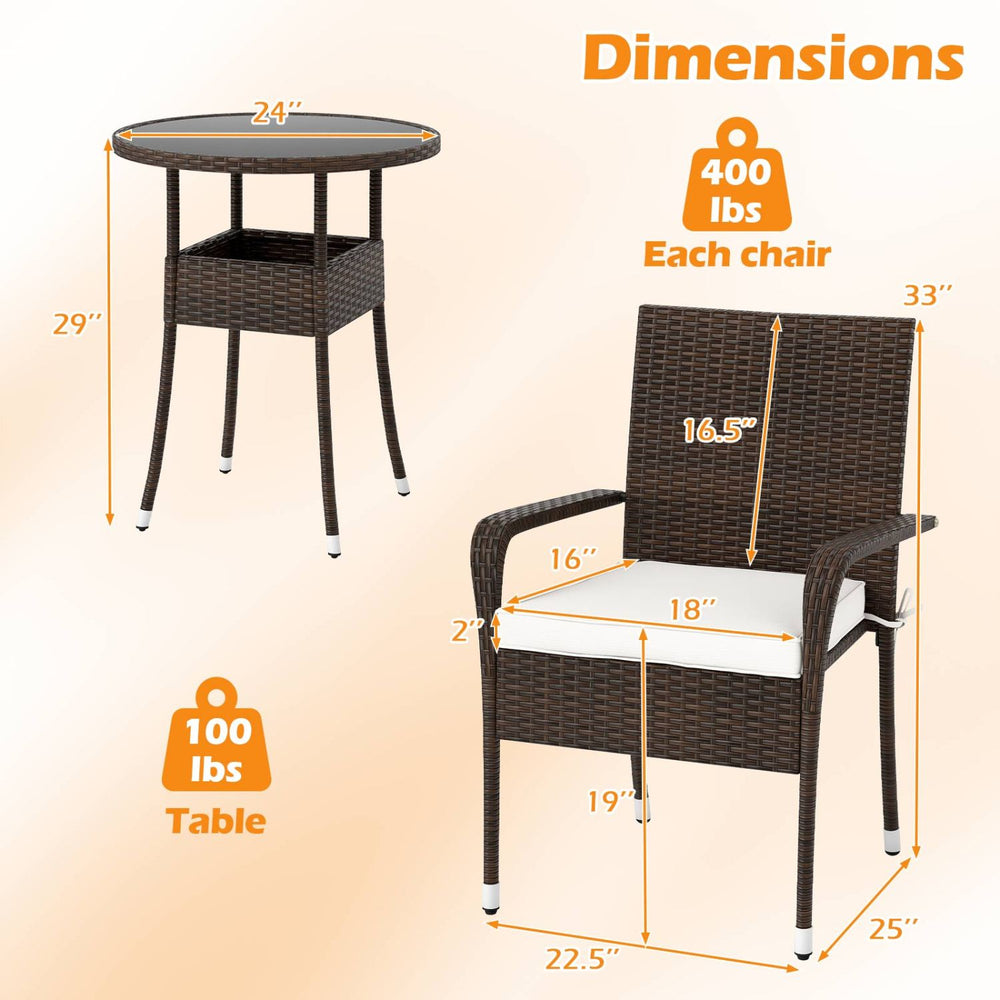 Dimensions of the 3-piece patio furniture set with PE rattan wicker chairs and tempered glass top table.