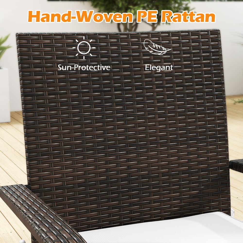Hand-woven PE rattan chair backrest showcasing sun-protective and elegant features for outdoor patio use.