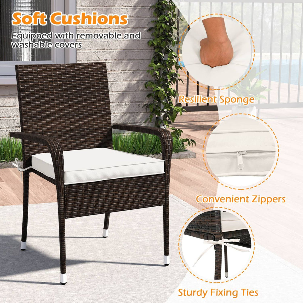 PE rattan wicker chair with soft cushions, featuring convenient zippers and sturdy fixing ties for outdoor comfort.