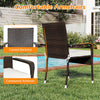 Curved backrest and contoured armrests of a PE rattan wicker chair from a 3-piece patio furniture set for outdoor use.