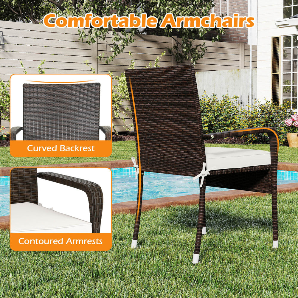 Curved backrest and contoured armrests of a PE rattan wicker chair from a 3-piece patio furniture set for outdoor use.