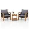 Two gray cushioned patio chairs with a slatted acacia wood side table, perfect for outdoor relaxation and gatherings.