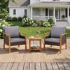 Two gray cushioned patio chairs with a slatted side table, made of acacia wood and PE rattan, perfect for outdoor relaxation.