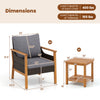 Dimensions of the 3 Piece Patio Furniture Set featuring a gray chair with detachable cushions and a slatted side table.