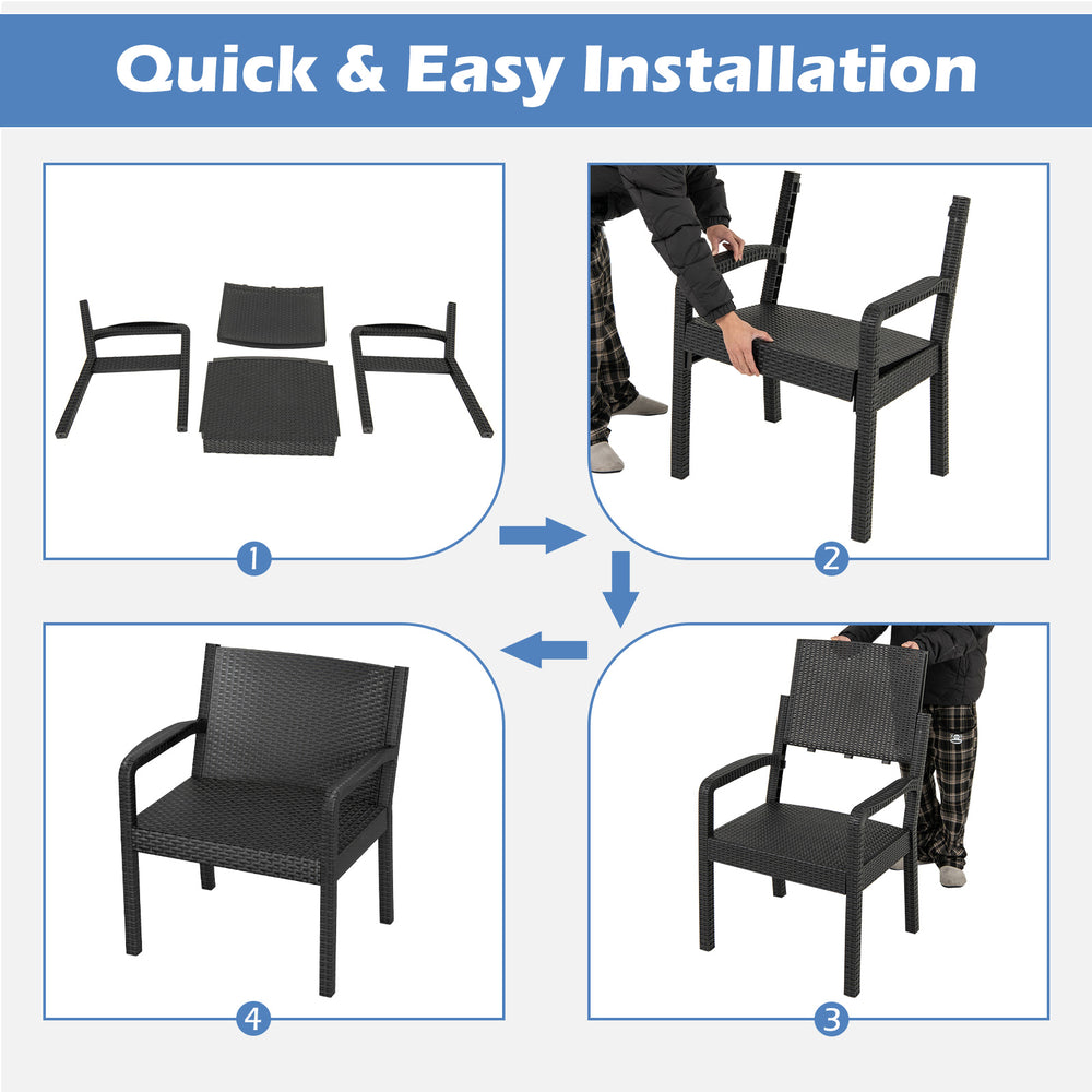 Step-by-step assembly instructions for the 3 Piece Patio Furniture Set with black rattan armchairs and side table.