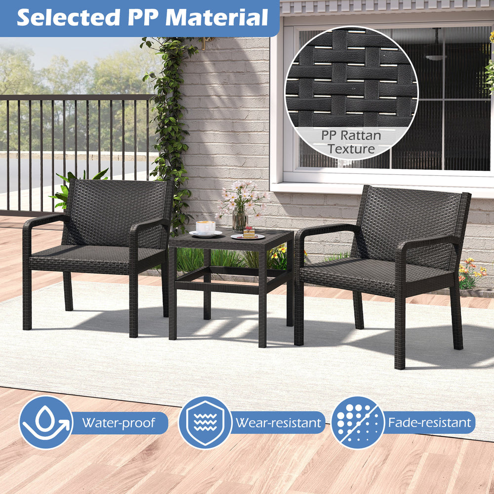 3-piece patio furniture set featuring two black rattan armchairs and a 25-inch square side table for outdoor relaxation.