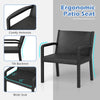 Black ergonomic patio armchair featuring comfy armrests and wide seat, crafted from waterproof PP rattan for outdoor.