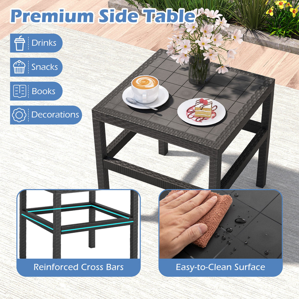 Square side table with PP rattan texture, easy-to-clean surface, ideal for drinks and snacks in outdoor settings.