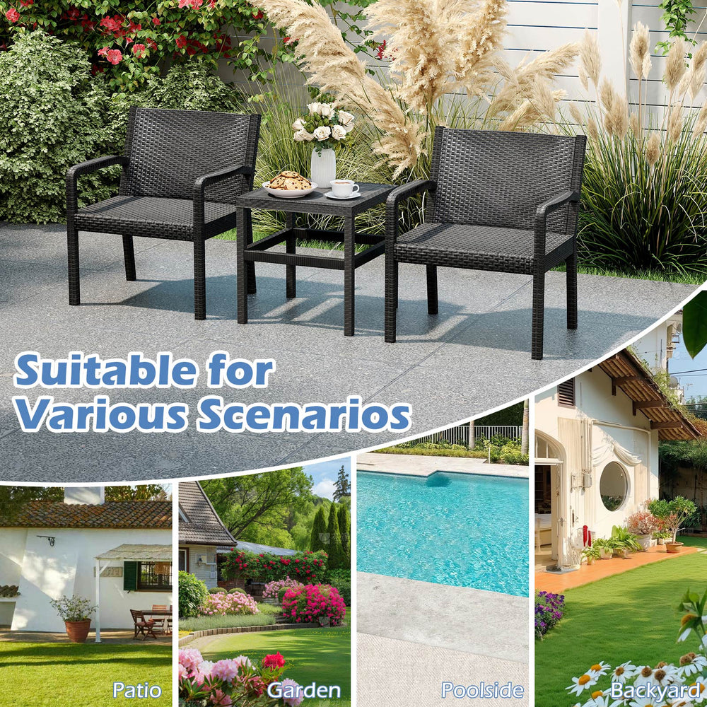Two modern black rattan armchairs with a 25-inch side table, perfect for patio, garden, or poolside relaxation.