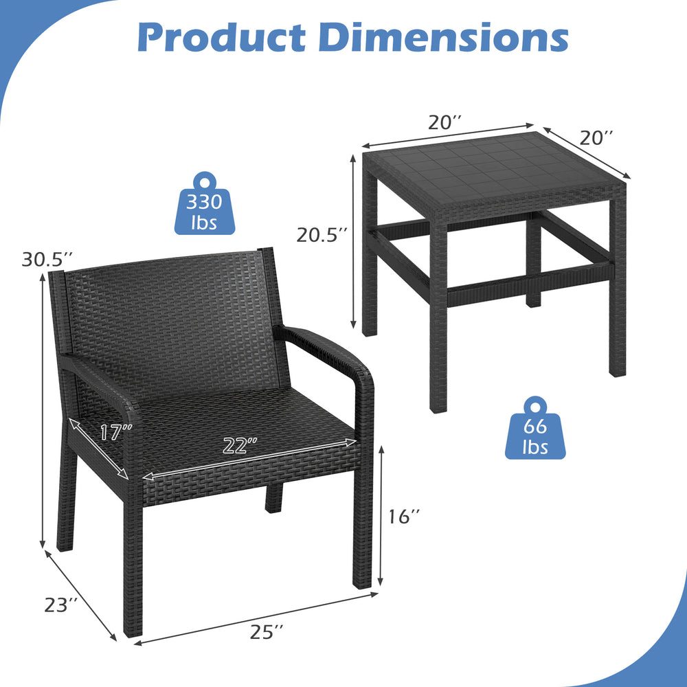 Dimensions of the 3 Piece Patio Furniture Set showing a rattan armchair and square side table, ideal for outdoor use.