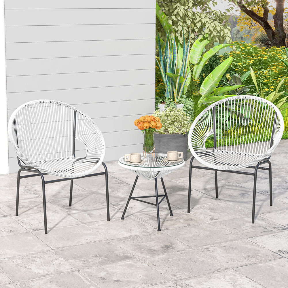White Acapulco bistro set with two chairs and a glass table, perfect for outdoor patio relaxation and gatherings.