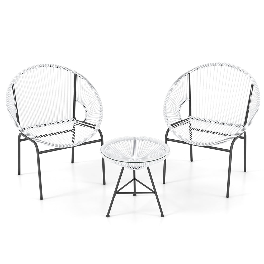 White 3-piece patio Acapulco bistro set with ergonomic chairs and tempered glass table, perfect for outdoor relaxation.