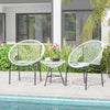 Two white Acapulco chairs and a glass table in a patio setting, perfect for outdoor relaxation and gatherings.