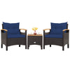 Two navy blue cushioned patio chairs with a brown PE rattan frame and acacia wood tabletop, ideal for outdoor.