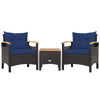 Two navy cushioned patio chairs with a brown PE rattan frame and an acacia wood table, ideal for outdoor relaxation.