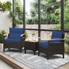 Navy cushioned patio chair with curved armrests and durable PE rattan, perfect for relaxing on the balcony or porch.