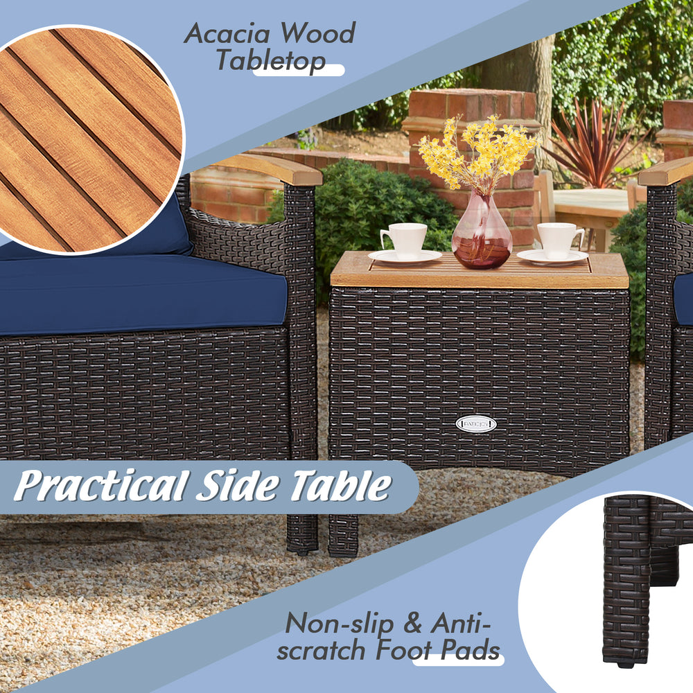 Practical side table with acacia wood tabletop and durable PE rattan, featuring non-slip foot pads for outdoor use.