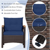 Single patio chair with navy cushion, durable mix brown PE rattan, adjustable front feet for outdoor comfort.