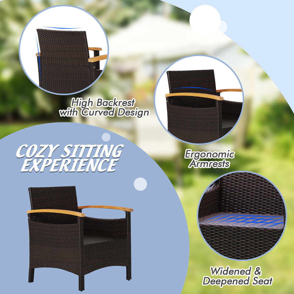 Cozy patio chair featuring a high backrest, ergonomic armrests, and a widened seat for outdoor relaxation.