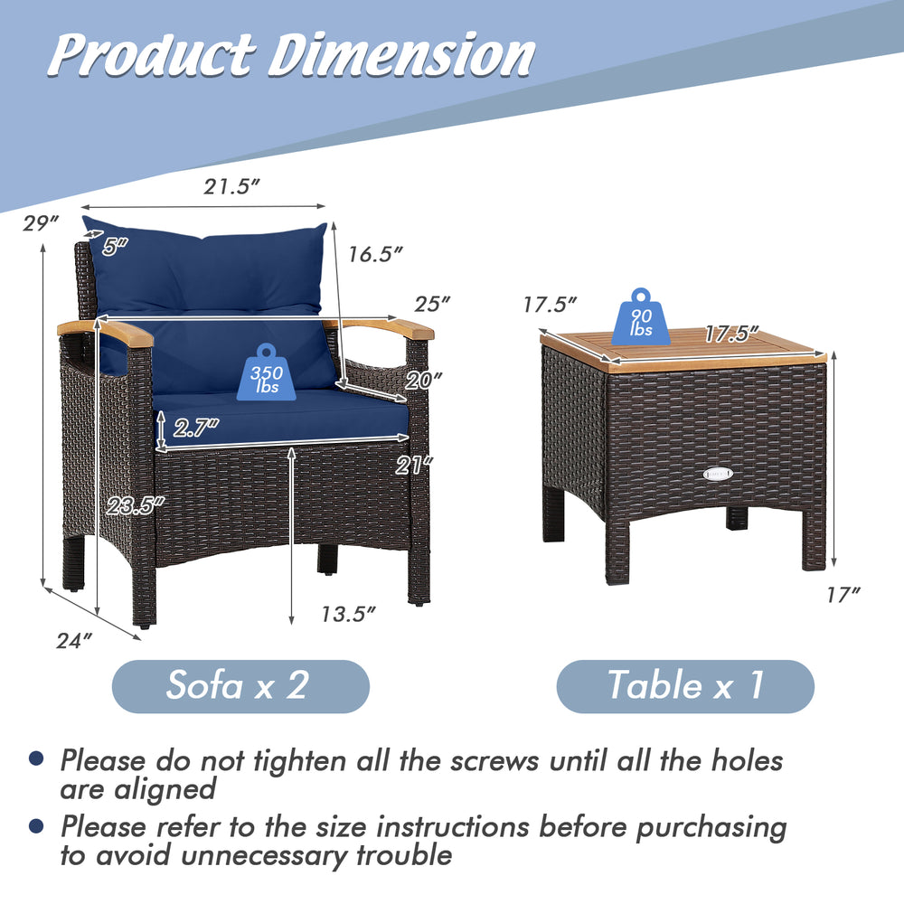 Dimensions of the 3 Pieces Patio Rattan Furniture Set with navy cushions, featuring a durable steel frame and acacia.