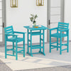 Turquoise 3-piece patio HDPE bar set with high-top table and comfortable chairs, ideal for backyard and poolside use.
