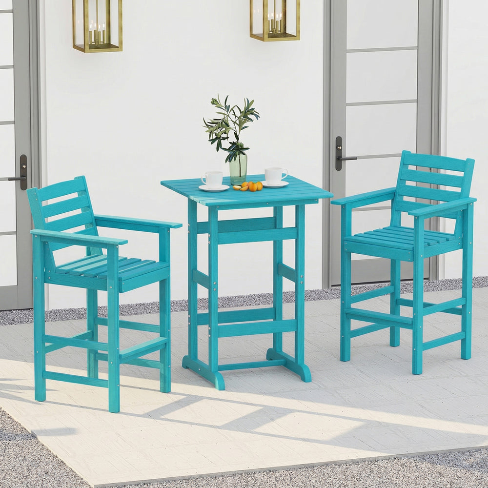 Turquoise 3-piece patio HDPE bar set with high-top table and comfortable chairs, ideal for backyard and poolside use.