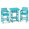 Turquoise 3-piece patio HDPE bar set with high-top table and two chairs, ideal for backyard and poolside use.