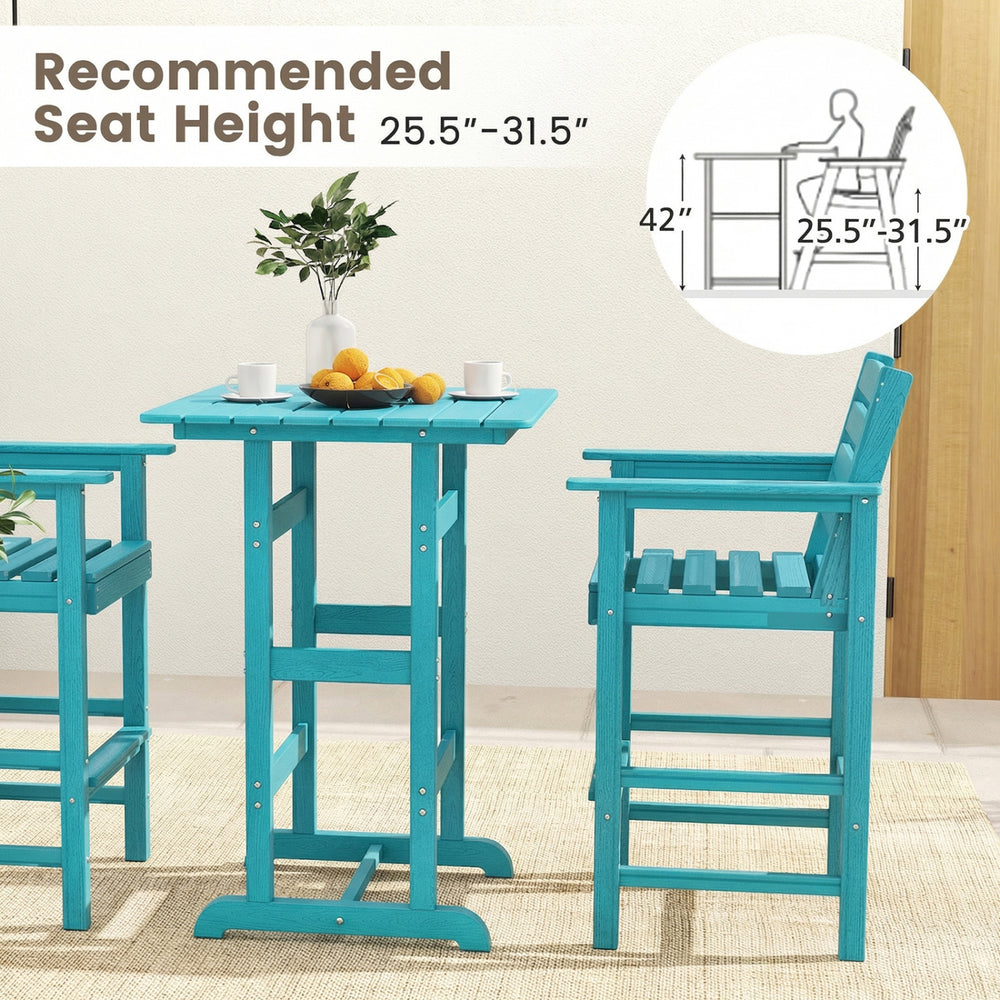 Turquoise HDPE bar set with a 30" square table and cozy, slatted chairs, perfect for outdoor dining and relaxation.